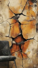 Cracked ochre concrete wall with distressed black accent chair