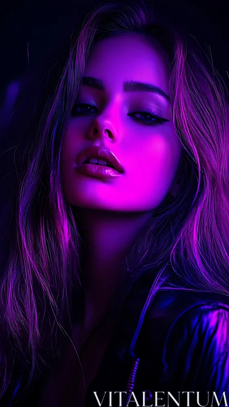 Neon-lit gaze slices through ultraviolet shadows and silence