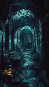 Moody underground passage glowing with eerie blue light.