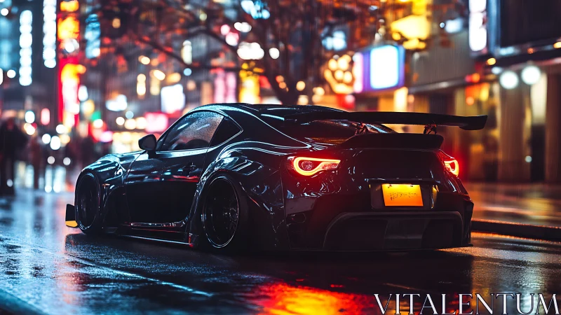 Widebody tuner coupe in neon-lit rainy city streetscape