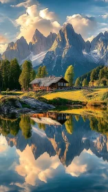 Mountain lake cabin under dramatic peaks reflection.