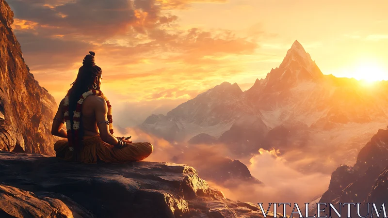 Meditating ascetic overlooks radiant Himalayan sunrise peak.