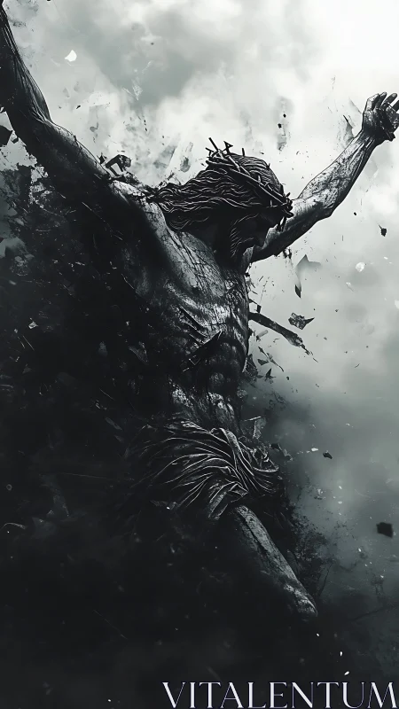 Fragmenting cruciform statue in high-contrast atmospheric shatterfield.