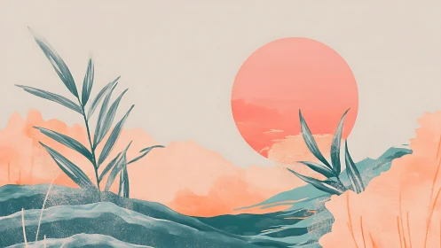 Minimal sunset landscape with teal plants and coral sun.