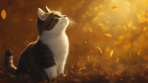 Cat gazes upward amid falling autumn leaves in golden light
