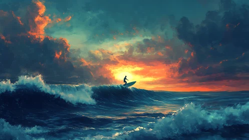 Lone surfer silhouettes against blazing stormlit seascape.