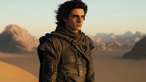 Photoreal desert warrior portrait in tactical stillsuit design.