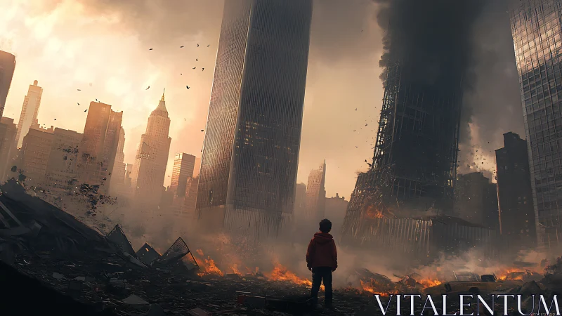 Lone survivor watches burning skyscrapers collapse at dusk