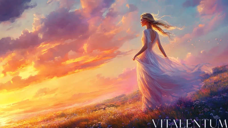 Woman in flowing dress watches vivid sunset over wildflower hill