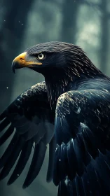 Photorealistic raptor portrait with dramatic forest backlight.