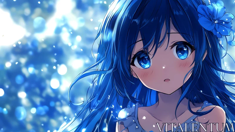 Blue haired anime girl portrait with luminous bokeh background