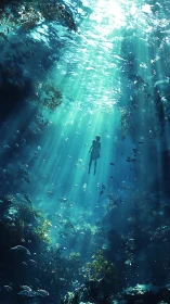 Solitary diver drifting through cathedral-blue ocean light.