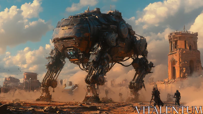 Cyberpunk quadruped mech in post-ruin battlefield environment.
