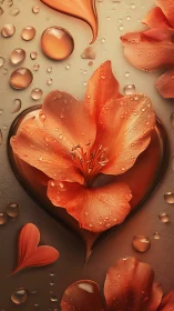 Heart-shaped container with orange petals and water droplets.