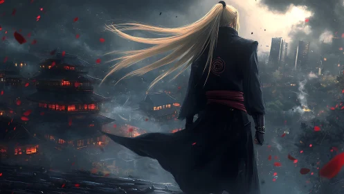 Warrior silhouette over neon city and burning pagodas.