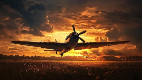 Propeller warplane over field against intense sunset sky.