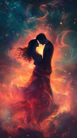 Silhouetted Couple Kissing in Cosmic Fire and Nebula.