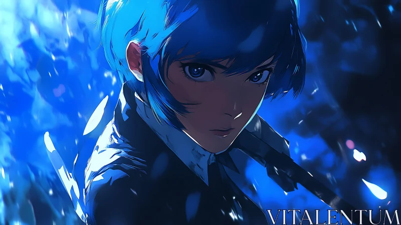 Blue blade vigil in neon stormlight, eyes burning calm.