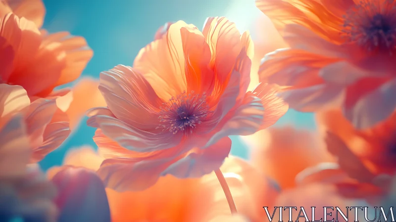 Coral Poppies Ignite Against Azure Skies.