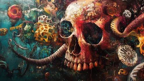 Vibrant skull adrift in swirling cosmic coral dreams.