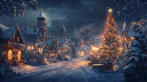 Snow-kissed village glows beneath a towering Christmas star