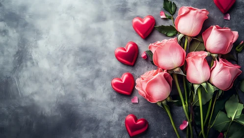 Pink Roses and Red Hearts on Grey Textured Surface