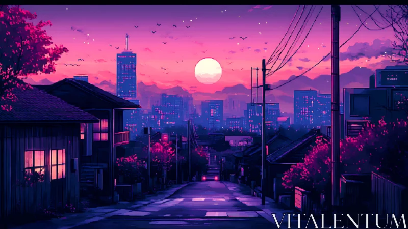 Neon dusk cityscape uniting suburban street and digital skyline