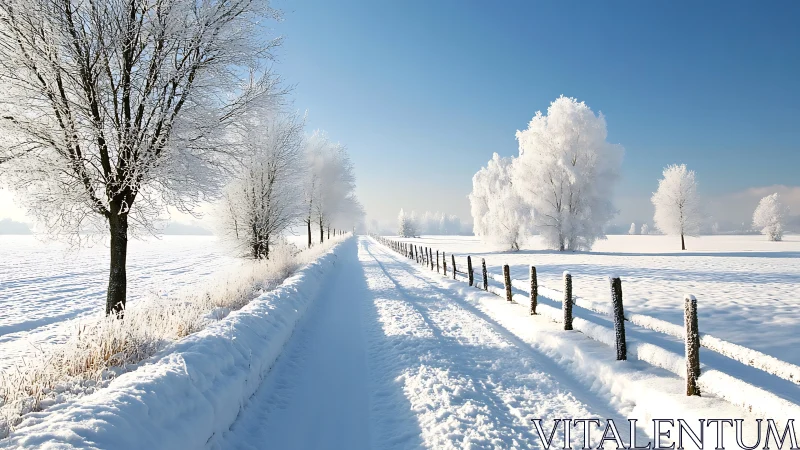 Sunlit rural snow road bordered by hoarfrost winter trees