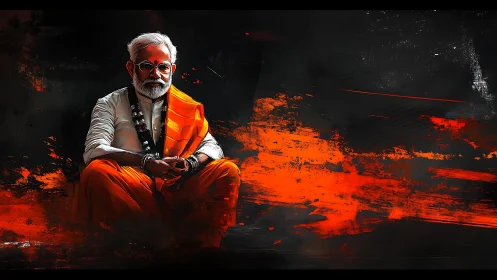 Elderly man in orange robes sits against abstract red blaze