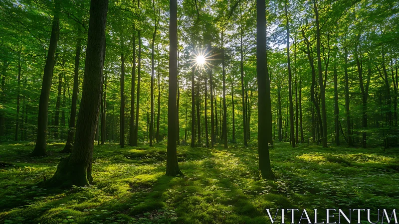 Sunlight streaming through lush green forest in serene landscape.