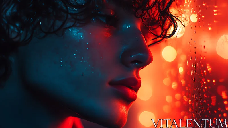 Neon drenched portrait beside rain streaked glass at night.