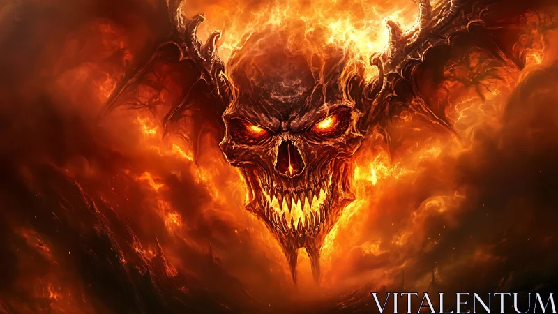Infernal flaming demon skull emerging from molten abyss.