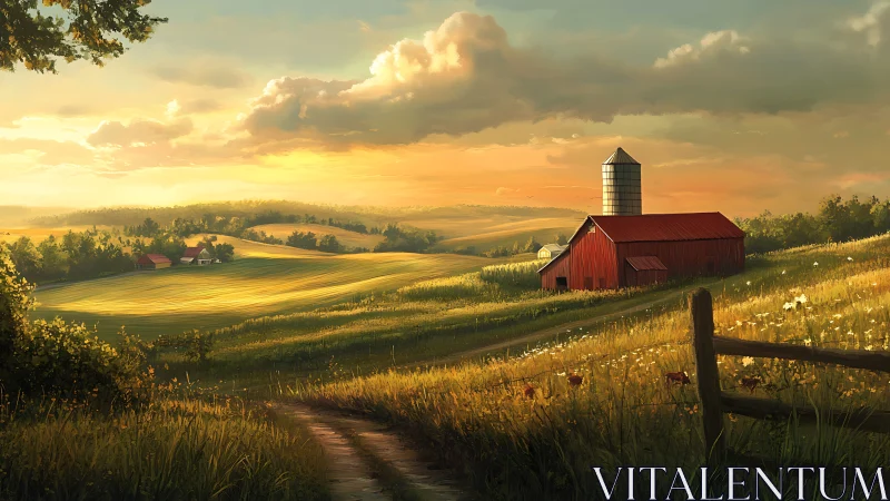 Sunlit red barn on rolling farmland at golden hour.