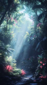 Enchanted Forest Path. Mystical woodland illuminated by divine light rays.