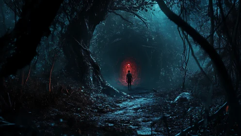 Child under crimson lantern at the eerie forest gateway.