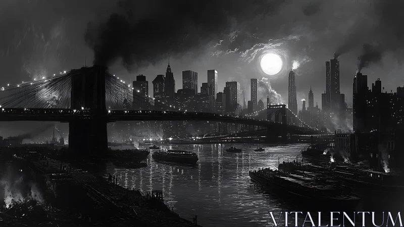 Noir industrial riverfront under moonlit metropolitan skyline.