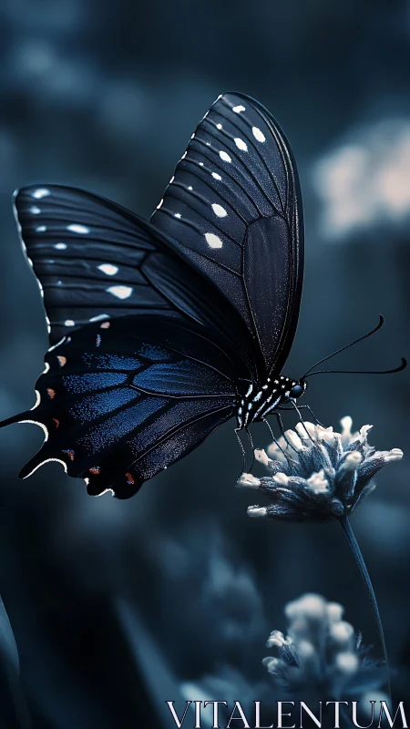 Blue-toned butterfly on flower in shallow-focus field.
