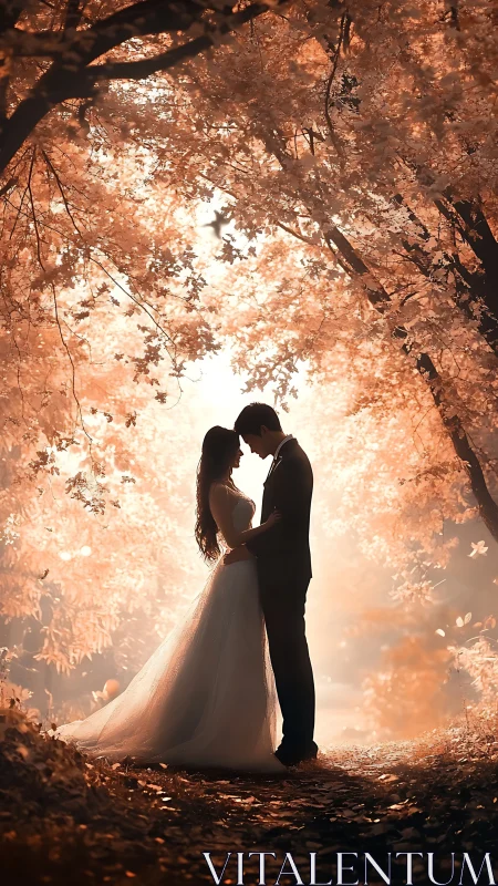Autumn-tinted forest quietly crowns two lovers with light