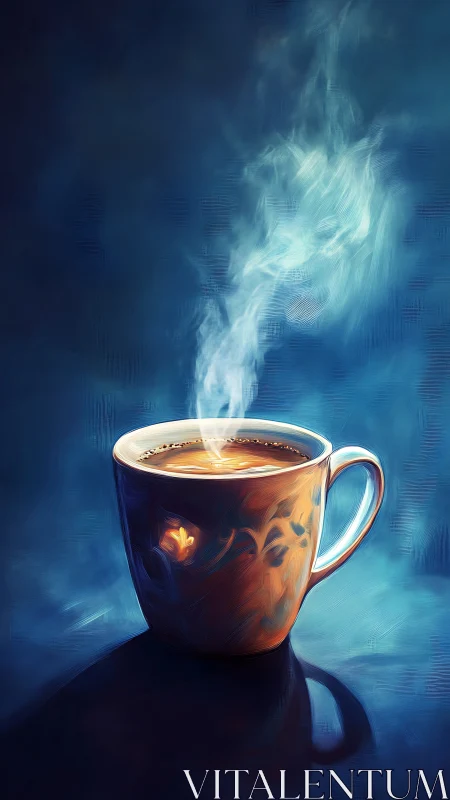 Steaming ceramic coffee cup in blue ambient light.