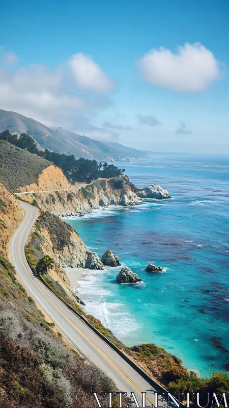 Coastal highway curves above turquoise Pacific shoreline panorama.