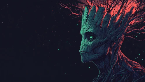 Tree-like humanoid profile with glowing eye in space field.