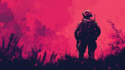 Backlit infantry silhouette against saturate magenta combat sky.