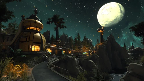 Cozy moonlit forest outpost glowing beneath a starry sky.