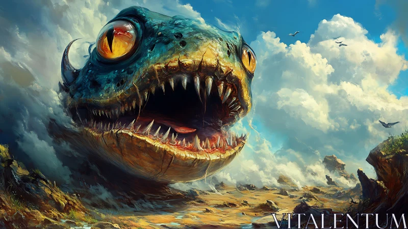 Stormborne sand leviathan roars beneath towering skies.
