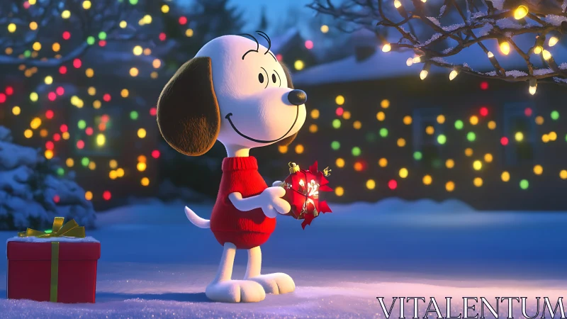 Cartoon beagle in winter night scene holding glowing Christmas star