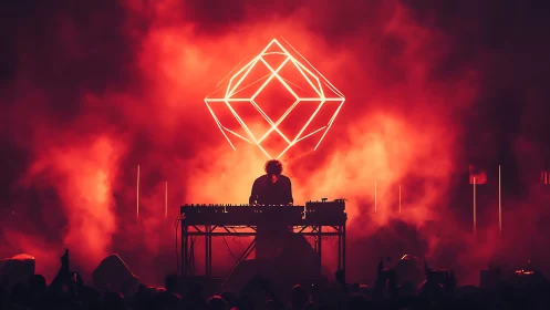 Electronic DJ performs under glowing geometric light sculpture