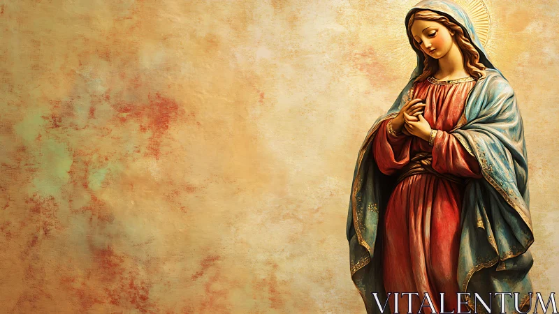 Gentle robed woman in quiet prayer against warm backdrop.