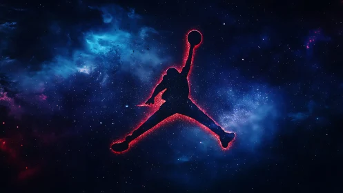 Silhouette of leaping basketball figure in cosmic backdrop.
