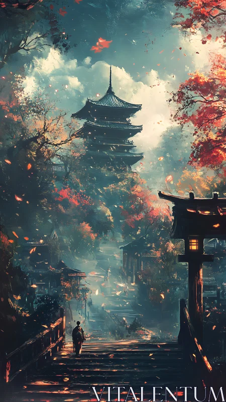 Autumn pagoda path glows through misty mountain village.