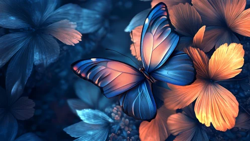 Glowing blue butterfly resting among soft sunset blossoms.